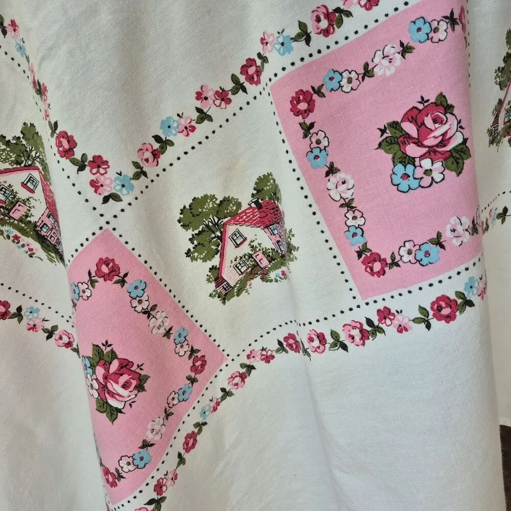 Vintage White Pink Cotton Floral Roses Cottagecore Square Tablecloth 54 x 76 IN